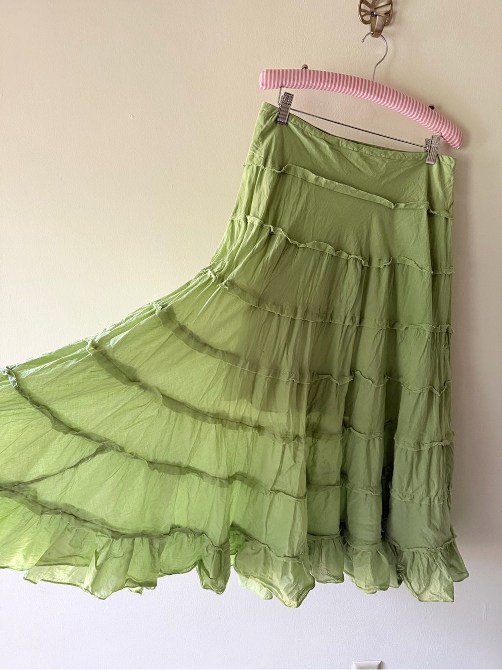 Vintage Y2K Old Navy Brat Lime Green Tiered Midi Skirt Whimsical Prairie 8
